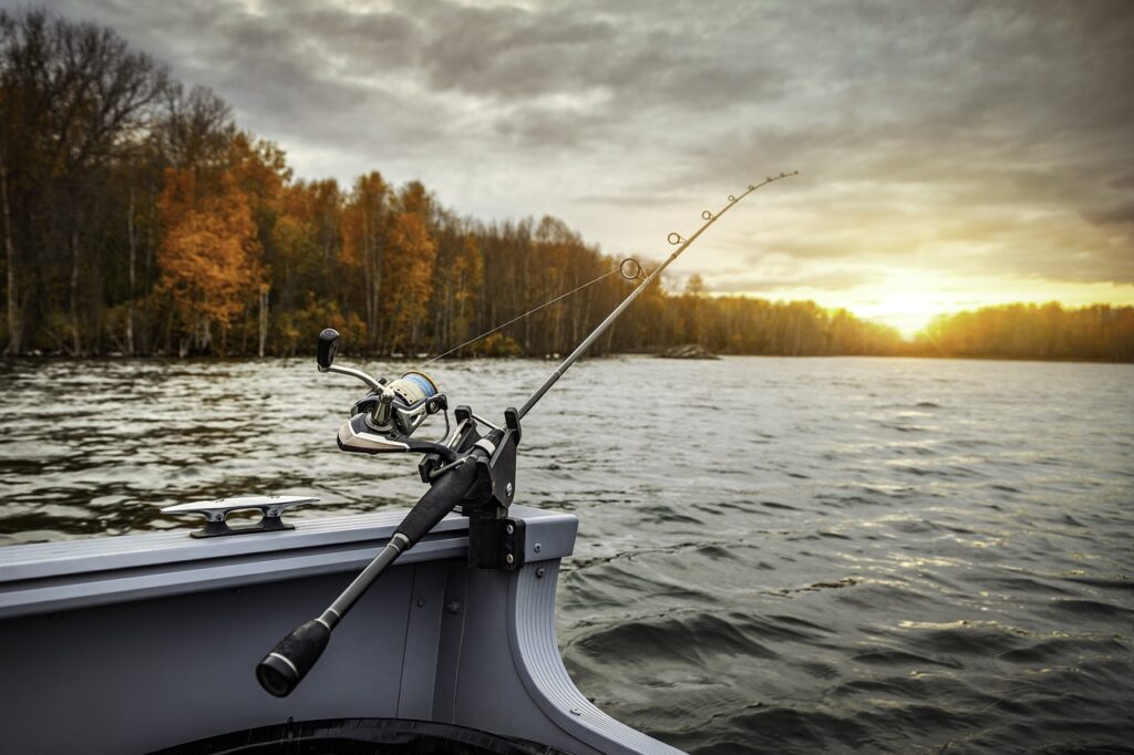 fishing boat, fishing rod, fishing, lake, hobby, boat, forest, woods, nature, water, river, sunset, outdoors, skyscape, trees, fishing, fishing, fishing, fishing, fishing